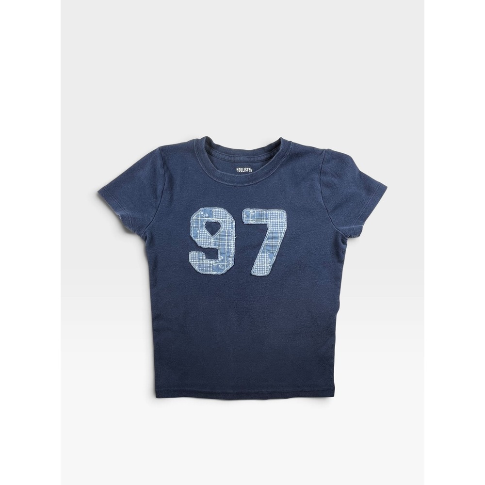 Hollister Y2K Inspired Navy Blue Baby Tee 97 Plaid Patchwork Graphic Top XS